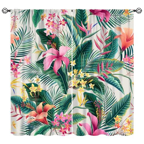 Rainforest Palm Leaves Curtains, Tropical Palm Leaf Flower Nature Green Plant Print Window Treatments Drapes for Bedroom Living Room Apartment 42" W X 45" L(No Blackout) - color: Flamingo-5, size: 20.5"W x 45"L (Pack of 2)