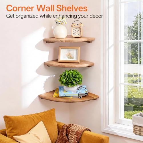 Gieanoo Floating Corner Shelves for Wall Set 2 16inch Solid Oak Rounded Corner Shelves Wall Mounted with Cable Hole Wood Corner Hanging Shelves for Living Room Bedroom Bathroom Kitchen - color: Natural, size: 16in 2-Pack