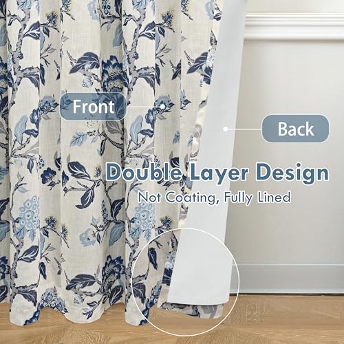 DriftAway Ada Floral Botanical Print Flower Leaf Lined Thermal Insulated Room Darkening Linen Blend 100% Blackout Back Tab Window Curtains 2 Layers Set of 2 Panels Each 52 Inch by 96 Inch Navy - color: Navy-back Tab, size: 52"W x 96"L (Pack of 2)