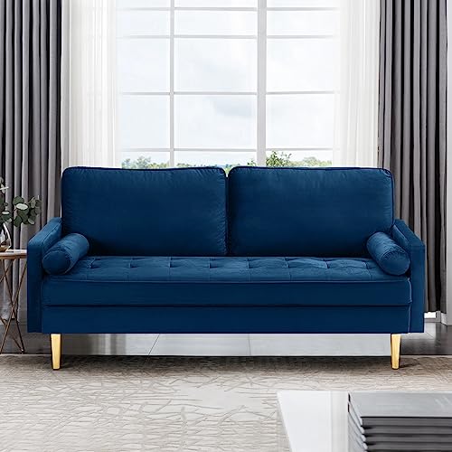 67" Modern Velvet Loveseat Sofa Couch, Mid-Century Tufted Upholstered Small Love Seat Couch with 2 Pillows & 4 Golden Legs, 2-Seats Couches for Compact Space, Living Room, Apartment (Navy) - color: Navy