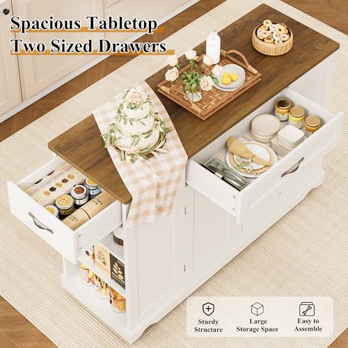 HOSTACK 47" W Kitchen Island Cart with Storage, Rolling Island Table, White | Mobile Kitchen Storage Islands on Wheels with 2 Drawers, Adjustable Shelves, Movable Buffet Cabinet for Dining room - style: White + Rustic Brown