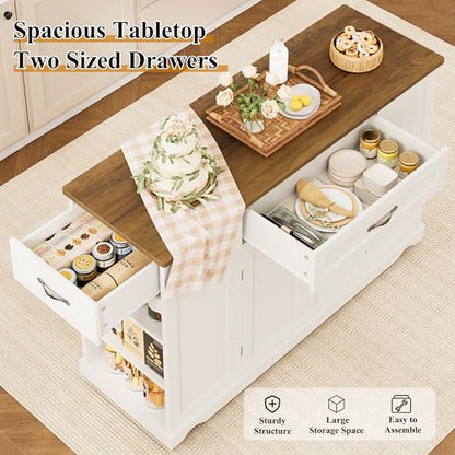 HOSTACK 47" W Kitchen Island Cart with Storage, Rolling Island Table, White | Mobile Kitchen Storage Islands on Wheels with 2 Drawers, Adjustable Shelves, Movable Buffet Cabinet for Dining room - style: White + Rustic Brown