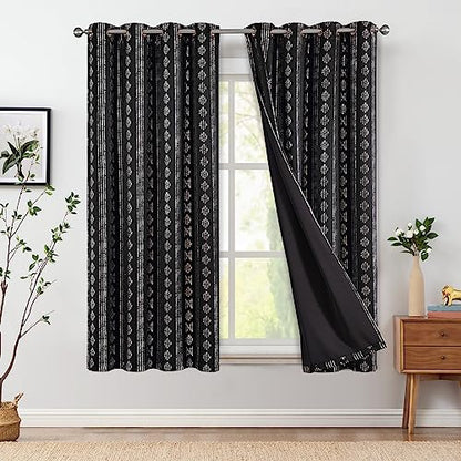 jinchan Boho Blackout Curtains 63 Inch Length for Bedroom Living Room | Silver on Black Geometric Foil Printed Grommet Curtains Room Darkening Thermal Insulated Window Treatments 2 Panels - color: Boho | Silver on Black, size: 52"W x 63"L (Pack of 2)