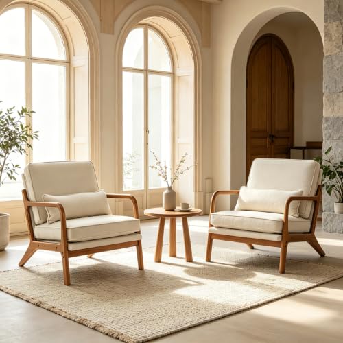 Karl home Mid-Century Modern Accent Reading Chair, Beige | Linen Upholstered, Solid Wood Frame, Soft Cushion, Lumbar Pillow, Lounge Armchair for Living Room, Bedroom, Balcony, Study - color: Linen Beige
