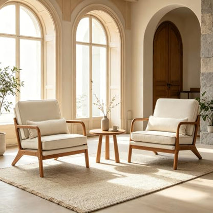 Karl home Mid-Century Accent Reading Chairs Set of 2, Beige | Linen Upholstered, Solid Wood Frame, Soft Cushion, Lumbar Pillow, Lounge Armchair for Living Room, Bedroom, Balcony, Study - color: Beige