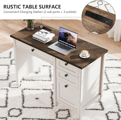 White Farmhouse Desk, 45" Desk with Outlets & File Drawer | At Home Office Desk with Built-in Charging Station, Full Extension Storage for Small spaces, Remote Workers & Students - color: White