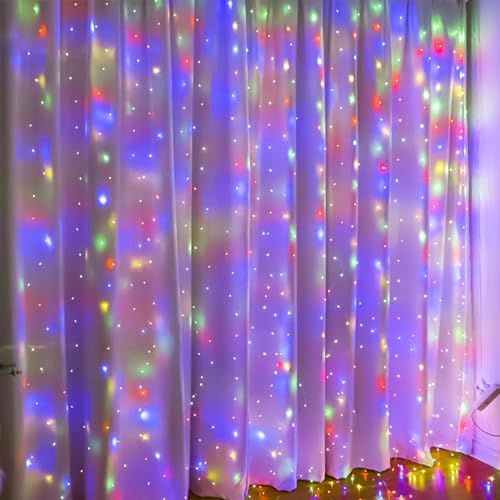 ZSJWL 300 LED Curtain Fairy Lights with Remote, 9.8 × 9.8 Ft, USB Plug in | 8 Modes, Waterproof, Twinkle Silver Wire, String Lights for Bedroom, Windows, Christmas, Wedding and Party Decor, Multicolor - color: Multicolor, size: 300LED