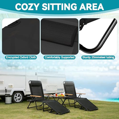Beach Lounge Chair, Folding Outdoor Chaise Lounge Chair with Arms, 4-Position Backrest, Extended Sun Tanning Chair Pillow & Cup Holder, Patio Lounger for Outside for Beach Pool Patio Yard (Black) - color: Black