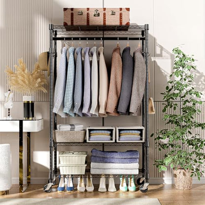 M MZG Heavy Duty Rolling Garment Rack 3 Tiers Adjustable Wire Shelving Clothes Rack with Rods and Side Hooks,Storage Closet Clothing Rack with Wheels Black 15.7" D x 29.5" W x 74.5" H - color: Black, size: 3 Tier with 1 rod, 15.7"D x 29.5"W x 74.5"H