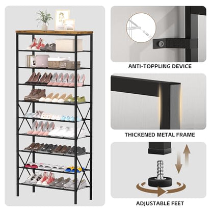 10-Tier Tall Shoe Rack, Large Capacity Shoe Shelf Holds40-45 Pairs, Shoe Shelf for Entryway, Hallway, Living Room, Rustic Brown - color: Rustic Brown, size: 27.8" x 10.8" x 65.7"