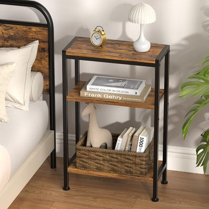 Narrow Side Table set of 2 for Small Space, 3 Tier Slim End Table, Thin Nightstand, Skinny Snack Couch Table, Sofa bedside Table in Living Room, Bedroom, Study, kitchen and Balcony (Rustic Brown) - color: Rustic Brown, size: 3-Tier (7.9''D*17''W*26.6''H)