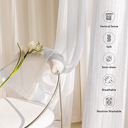 Jacquard 2 Panels Sheer Curtains 108 Inches Long, Semi Sheer Grommet Solid Casual Soft Voile Drapes with Light Filter Window Treatments for Bedroom Living Room, White, 52" W x 108" L | Jacquard Semi Sheer Grommet Solid Casual Soft Voile Drapes with Light