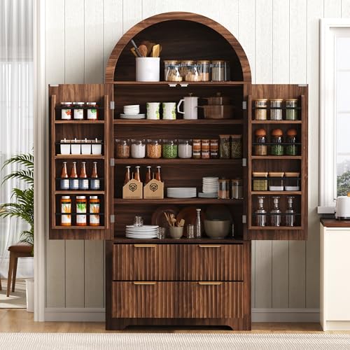 LUMISOL 72" Tall Fluted Pantry Cabinet, Wooden Freestanding Storage Cabinet with Drawers and 8 Adjustable Door Shelves, Mid Century Modern Kitchen Cupboard Organizer for Living Room, Walnut - color: Walnut, size: 15.75"D x 31.5"W x 72.05"H