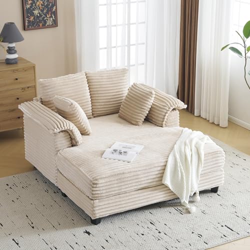 VINGLI 56" Oversized Chaise Lounge Chair, Beige Comfy Corduroy Chaise Sofa Recliner Bed Upholstered Sleeper Couch Bed with Throw Pillows and Armrests for Living Room, Movie Room, Bedroom - color: Beige, style: Modern