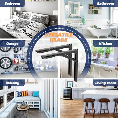 24 inch Black Sturdy Folding Shelf Brackets, Heavy Duty Adjustable Steel Wall Mounted Collapsible Shelf Bracket, Max Load 550lb - style: 2 PACK