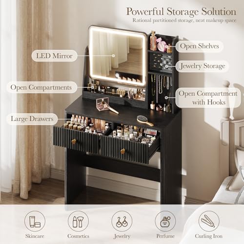 Fluted Makeup Vanity Desk with Mirror and Lights | Small Vanity with 3 Lighting Modes Adjustable Brightness, Jewelry Storage Cabinet and 2 Drawers, Black - color: Black