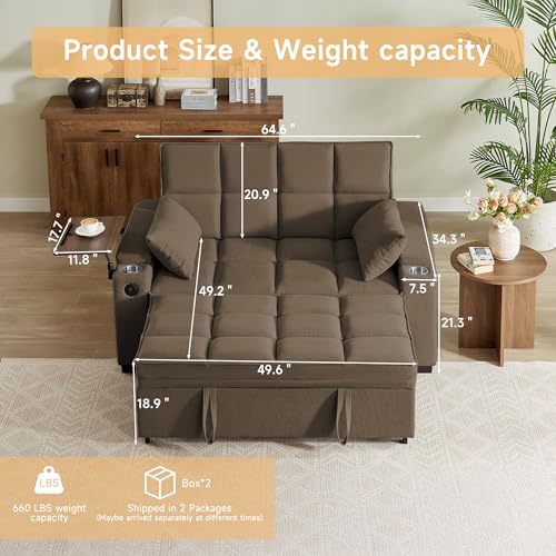 66" Multi-Functional Pull-Out Sofa Bed with Hidden Side Table, Storage Armrests, Built-in Charging Port, Spring Mattress, Solid Wood Frame – Ideal for Small Spaces, Easy Assembly - color: 1007-k