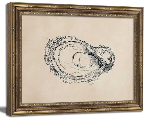 Gold Framed Wall Art Vintage Oyster Shell Sketch Wall Art Rustic Kitchen Cottagecore Seashell Wall Decor Picture Summer Beach House Still Life Poster Print for Living Room Dining Room 9x11in - color: Oyster, size: 11"l X 9"w