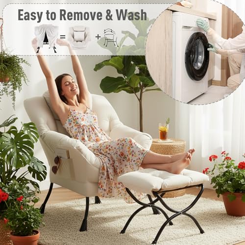 Lazy Chair with Ottoman, Comfy Reading Chair for Bedroom, Beige | Comfy Bedroom Accent Chair with Washable Removable Cover and extra throw pillow for Living Room Dorm - color: Velvet Beige