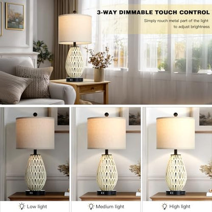 CINSARY Touch Control Rattan Table Lamps, 3 Way Dimmable Bedside Lamps for Bedroom Set of 2 with 2 USB Ports and AC Outlet, Wicker Nightstand Lamps for Living Room (LED Bulbs Included), White - color: White