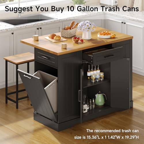 47" Kitchen Island with Seating, Stationary Island Table with Storage Include 2 Chairs, Kitchen Islands with Drop Leaf, Dining Table with Trash Cabinet & Power Outlet & Spice Rack, Black - color: Black