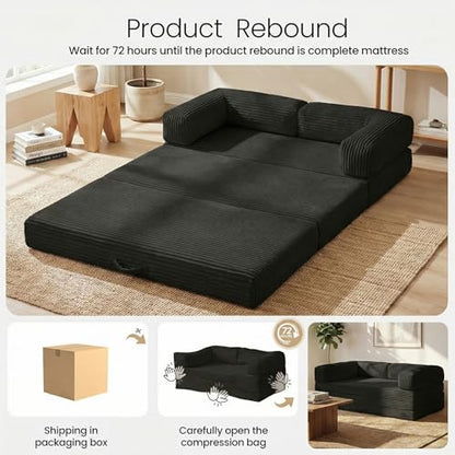 Erament Futon Sofa Bed, Convertible Tri-Folding Mattress Foldable Mattress with Removable Armrests & Washable Cover, Small Couch Bed with High-Density Foam, No-Assembly, Full, Black - color: Black, size: Full