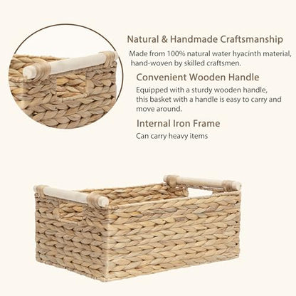 Rectangle Water Hyacinth Wicker Storage Basket Organizer(Large) | Handwoven Shelf basket with Wooden Handles for Pantry & Closet - size: Large