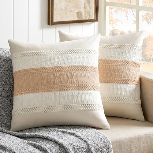 2 Pack Boho Throw Pillow Covers, Contrast Beige 22x22in | Soft Breathable Cotton, Farmhouse Decorative Couch Pillow Cases, Cushion Covers for Sofa Bed Living Room Home Decor - color: Contrast/Beige, size: 22" x 22" (Pack of 2)