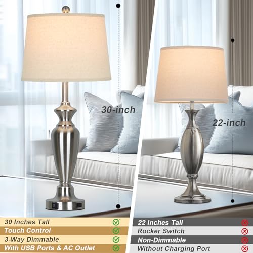 Cinyirong 30" Tall Silver Table Lamps Set of 2 for Living Room, 3-Way Dimmable Touch Control Bedside Lamps for Bedroom Nightstand with USB A+C Ports & AC Outlet (2 LED Bulbs Included) - color: Silver (2 Pack)