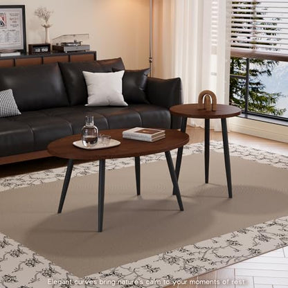 2 Pcs Small Oval Coffee Table,31.5" Retro Walnut Coffee Tables Nesting Tables Set,Easy Assembly Mid Century Modern Coffee Tables for Living Room Office,Coffee Table and End Table Sets - color: Oval-walnut