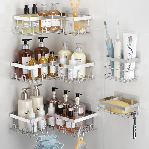 Liuoud Corner Shower Caddy 5 Pack Adhesive Stainless Steel Organizer Silver | Shower Shelves with Soap Rack Toothbrush Holder, Large Capacity No Drilling Bathroom Accessory Home Decor Set - color: Silver