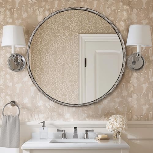 36 Inch Hand-Forged Round Mirrors with Metal Frame, Silver Solid Steel Hammered Round Wall Mirrors, Antique Circle Mirror for Bathroom, Vanity, Metal Frame, Anti-Rust, Vintage - color: Silver, size: 36"L x 36"W