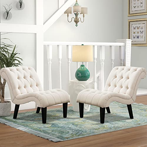 Accent Chairs Set of 2 Mid Century Modern Tufted Upholstered Chair for Living Room Bedroom Curved Armless Side Chairs with Wood Legs Linen Fabric - color: Cream, size: 2 Chairs