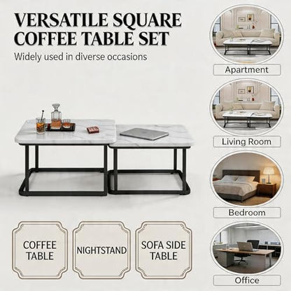 Nesting Coffee Table Set of 2 – Square Small Coffee Tables for Living Room, Bedroom, Balcony, Versatile End Table Set,Space Saving Mid Century Modern Nesting Coffee Tables Stackable, - color: White