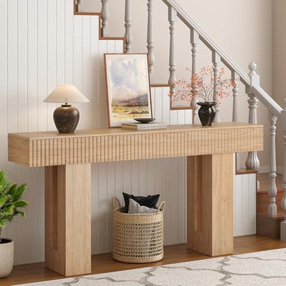 63-Inch Long Entryway Console Table with a Fluted Design, Thick Wood Farmhouse Sofa Table Behind Couch, Narrow Hallway Accent Table for Living Room, Foyer, Entrance, Natural Oak - color: Natural Oak, size: 63 Inch