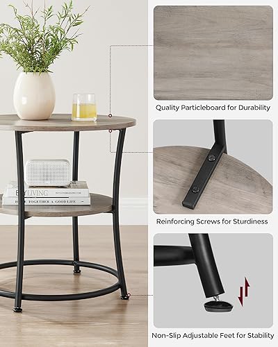 VASAGLE 21.7-Inch Round Side Table, 2-Tier End Table | Nightstand with Steel Frame, Spacious Top, for Small Spaces, Living Room, Bedroom, Heather Greige and Ink Black ULET56BG - color: Heather Greige + Ink Black, style: Without Power Strip