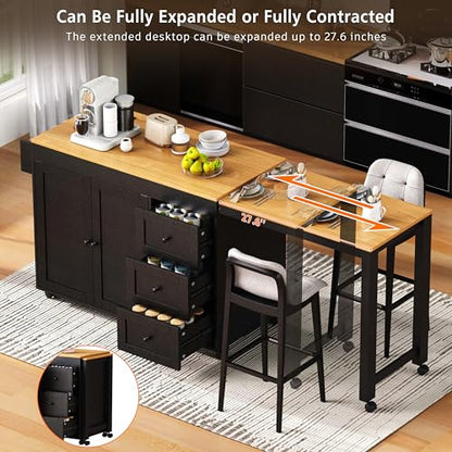 Kitchen Island, Extendable Dining Table with Power Outlet | Extendable dining table expands from prep station to dining table, seats up to 2 extra guests, saves space when closed - color: Black3
