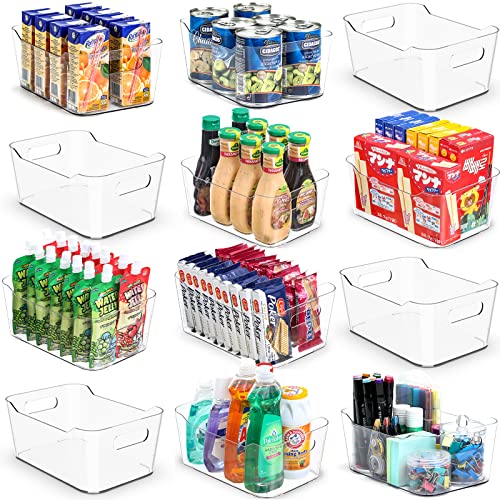 12 PACK Multiuse Clear Plastic Storage Bins for Organizing w/ Labels - Home, Kitchen, Bathroom, Office, Pantry Cabinet Shelf Organizer Bins - SOHO Collection, RV, Fridge Organization Containers - size: Medium