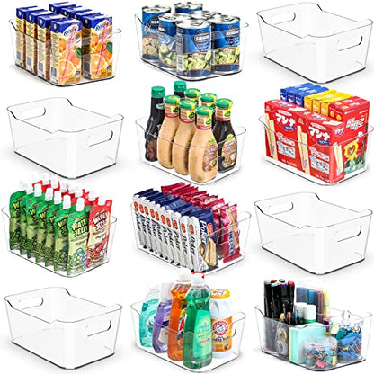 12 PACK Multiuse Clear Plastic Storage Bins for Organizing w/ Labels - Home, Kitchen, Bathroom, Office, Pantry Cabinet Shelf Organizer Bins - SOHO Collection, RV, Fridge Organization Containers - size: Medium