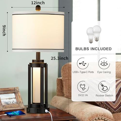 Industrial Table Lamps Set of 2, Modern Beside Lamp with USB A+C Charging Ports & AC Outlet, Rustic Nightstand Lamp with LED Night Light for Living Room Bedroom End Table Entryway Black Bulbs Included - color: Black-4