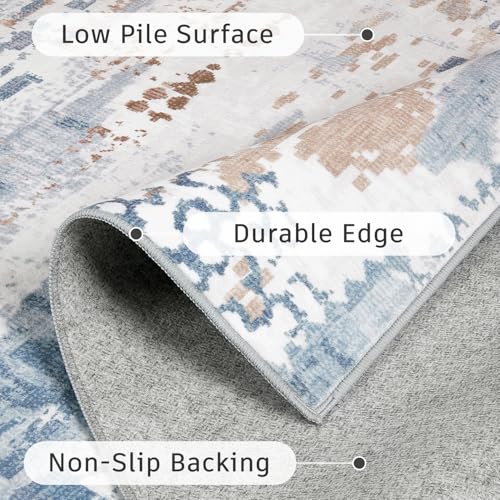DCX Washable Abstract Area Rug 5x7, Non Slip Low Pile Rug, Blue | Easy to clean, non-shedding, soft, kid & pet friendly, with a non-slip rubber backing for living rooms, bedrooms, and offices - color: Blue & White, size: 5' x 7' (Rectangular)
