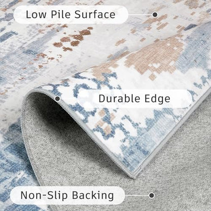 DCX Washable Abstract Area Rug 5x7, Non Slip Low Pile Rug, Blue | Easy to clean, non-shedding, soft, kid & pet friendly, with a non-slip rubber backing for living rooms, bedrooms, and offices - color: Blue & White, size: 5' x 7' (Rectangular)