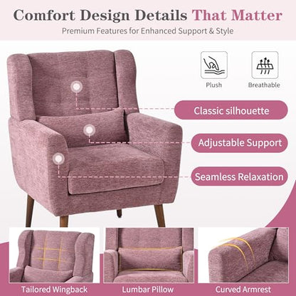 Accent Chair Set of 2, Upholstered Armchair with Pillow, Fabric Single Sofa Chair with Lounge Seat and Wood Legs Accent Chair for Living Room Small Spaces (Purple, Set of 2) - color: Purple, size: Set of 2