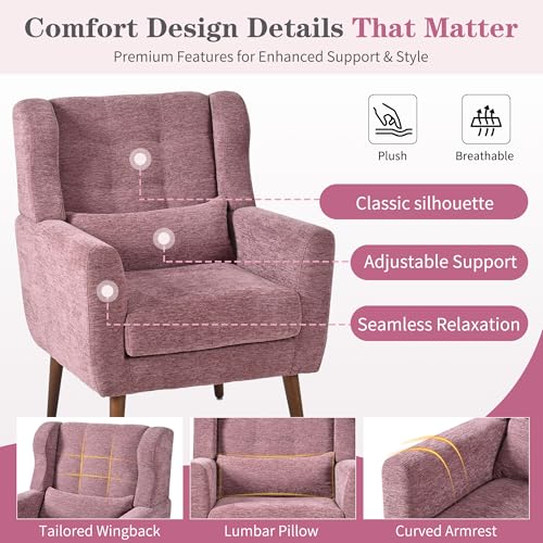 Modern Accent Chair, Upholstered Armchair with Pillow, Fabric Single Sofa Chair with Lounge Seat Solid Wood Legs Accent Chair for Living Room Bedroom Small Spaces (Purple) - color: Purple, size: Set of 1