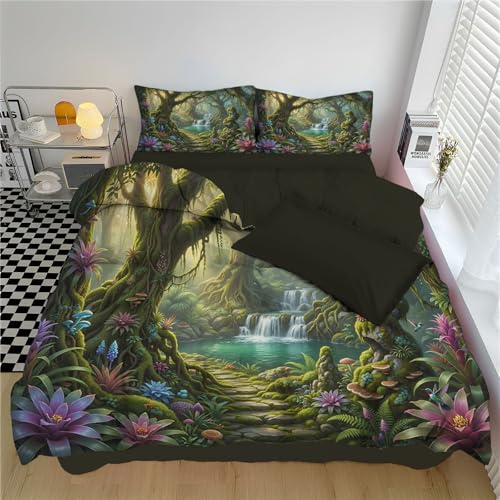 Magical Forest Duvet Cover King,3D Printed Bedding Set 3 Pieces,Comy Reversible ancient trees and mushrooms Duvet Cover Set with 2 Pillow Shams,Zipper Closure and 4 Ties,104 x 90 in,Emerald green - size: King（104 x 90 in）