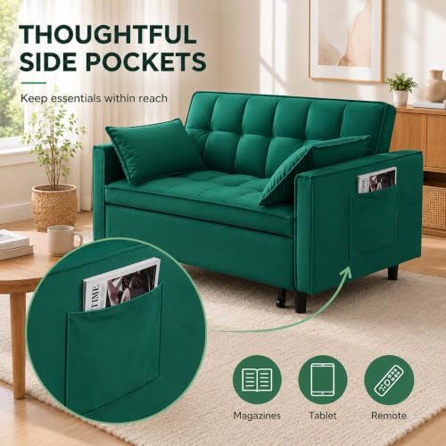 3 In 1 Velvet Convertible Sofa Bed, Pull Out Couch Bed with Reclining Backrest And 2 Pillows, 54" Full Size Loveseat Sleeper Sofa Futon Couch Bed, Couches For Small Spaces, Living Room (Green) - color: Green