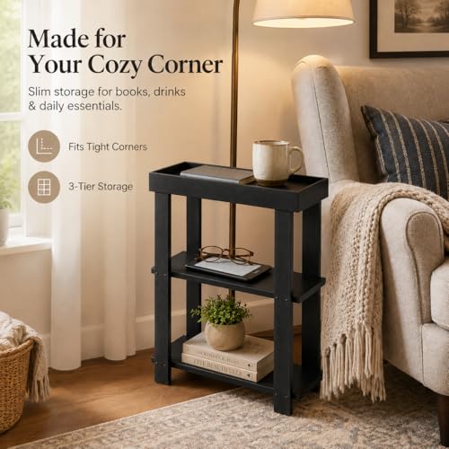 3-Tier Narrow Side Table with Tray Top, Slim Side Table, Black | Farmhouse Narrow End Table with Storage, Modern Slim Table Nightstand for Small Spaces, Bedroom or Living Room - color: Black