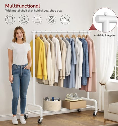 SLEEPING LAMB Heavy Duty Clothes Racks for Hanging Clothing Rack, 43" Wide Rolling Garment Rack Metal Wardrobe Rack with Wheels Closet Hanger Rack for Coats, Shirts, Dress, (White) - color: White, style: Single Rod