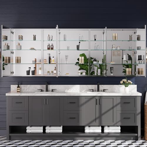 96"x36" Medicine Cabinet with Mirror & Soft Close Hinges, Surface Mount or Recessed Medicine Cabinet with Adjustable Shelves, Bathroom Wall Medicine Cabinet with Storage, Aluminum Alloy Frame, Combo - size: 96" x 36"