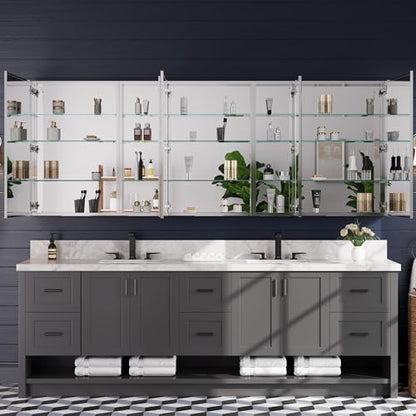 96"x36" Medicine Cabinet with Mirror & Soft Close Hinges, Surface Mount or Recessed Medicine Cabinet with Adjustable Shelves, Bathroom Wall Medicine Cabinet with Storage, Aluminum Alloy Frame, Combo - size: 96" x 36"